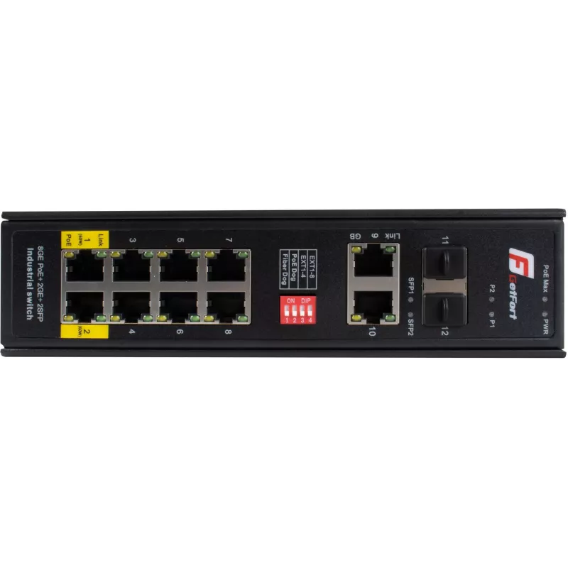 GETFORT GF-110-8PG-2G-2S Industrial PoE+ Switch, 8x PoE+ Gigabit + 2x Gigabit + 2x SFP, -40°C līdz 80°C