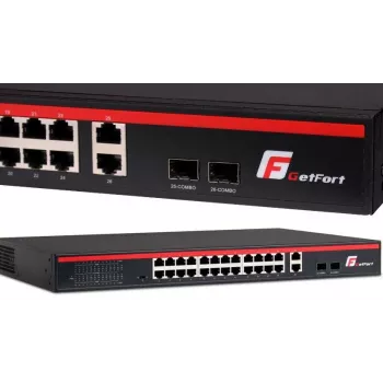GETFORT GF-226G-24P-250 Neneekspluatējams PoE+ slēdzis, 24x 10/100Mbps PoE+ porti, 2x Gigabit RJ45, 2x SFP, 250W, Rackmount