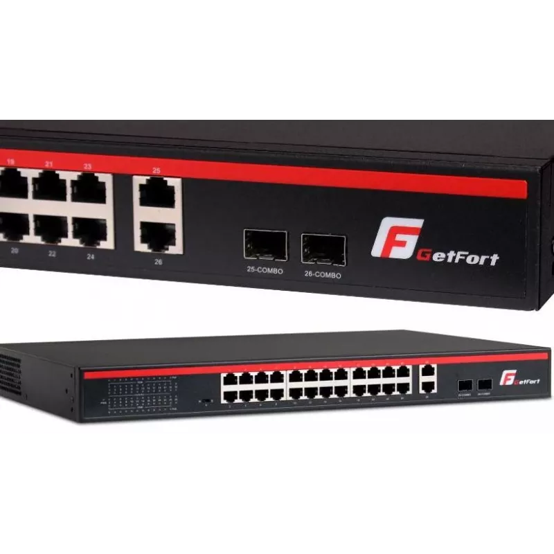 GETFORT GF-226G-24P-250 Neneekspluatējams PoE+ slēdzis, 24x 10/100Mbps PoE+ porti, 2x Gigabit RJ45, 2x SFP, 250W, Rackmount