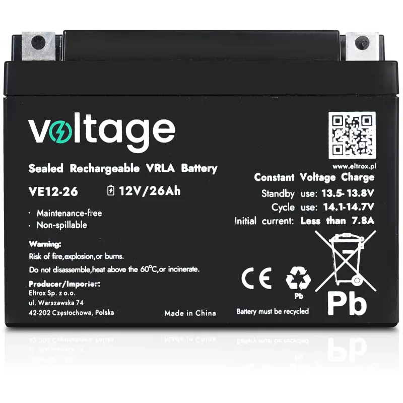 VOLTAGE AGM akumulators 12V 26Ah VE12-26 (6-9 gadu kalpošanas laiks)