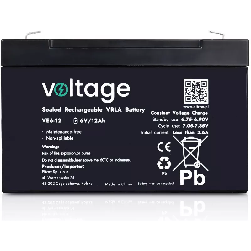 VOLTAGE AGM akumulators 6V 12Ah VE6-12 (6-9 gadu kalpošanas laiks)