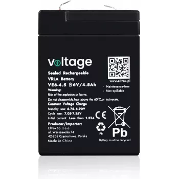 VOLTAGE AGM akumulators 6V 4.5Ah VE6-4.5 (6-9 gadu kalpošanas laiks)