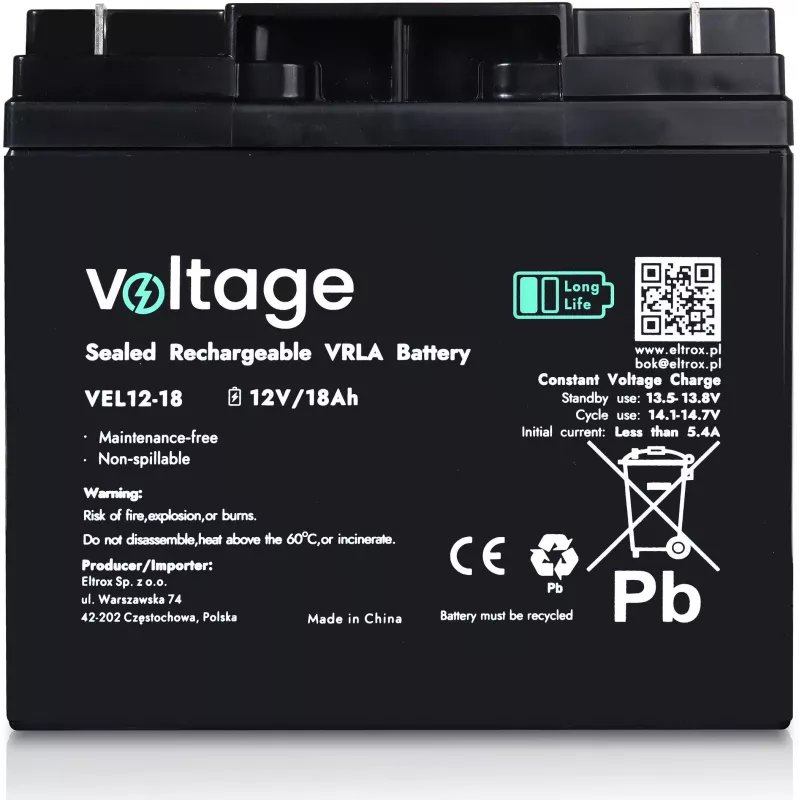 VOLTAGE AGM Long Life Battery 12V 18Ah VEL12-18