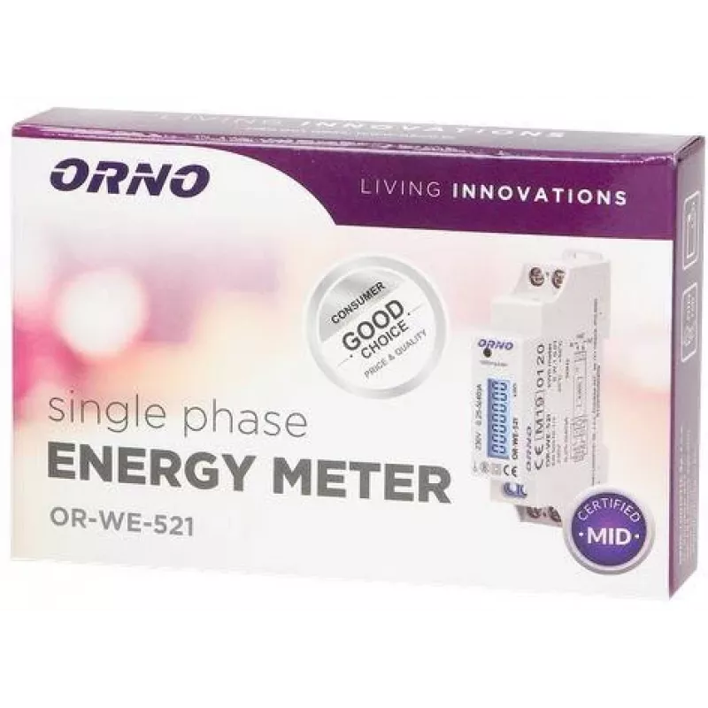 ORNO OR-WE-521 Vienfāzes elektroenerģijas skaitītājs 230V 40A DIN sliede LCD fona apgaismojums