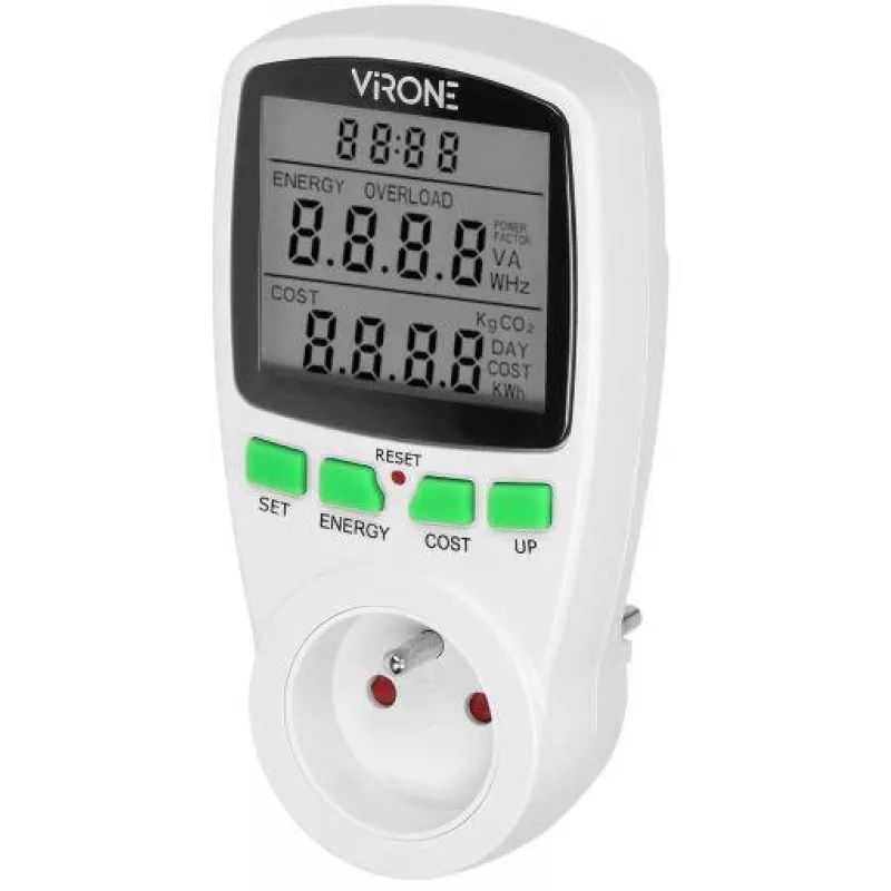 VIRONE EM-4 Vienfāzes elektroenerģijas skaitītājs ar LCD displeju, 16A, 3680W, Schuko kontaktdakša