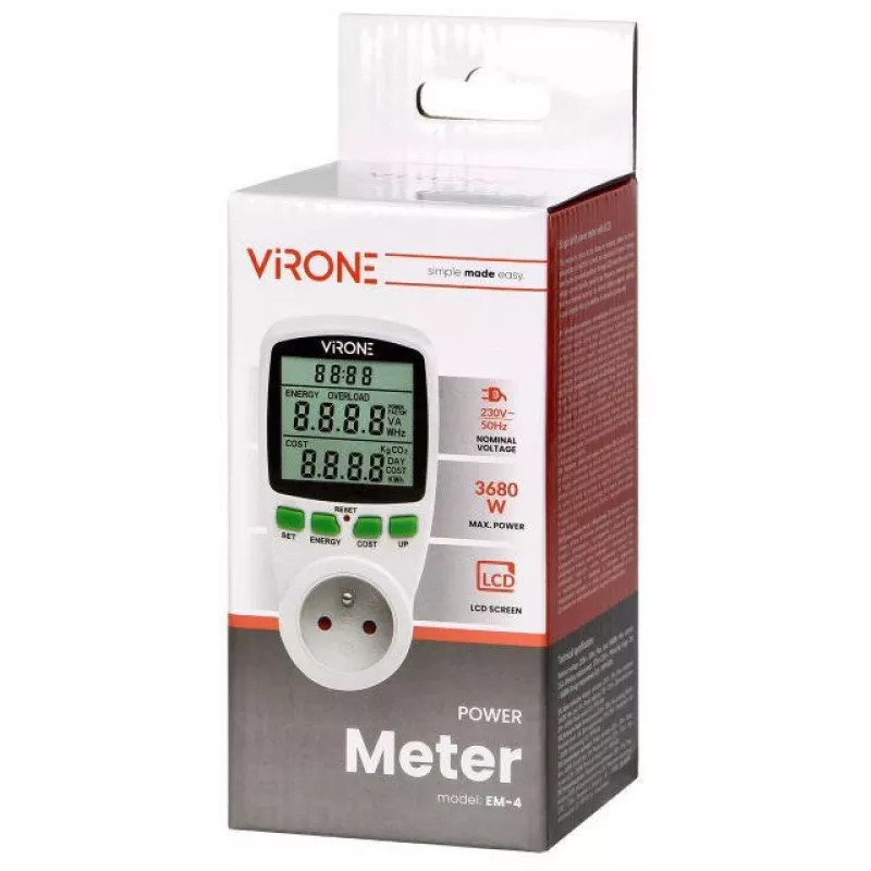 VIRONE EM-4 Vienfāzes elektroenerģijas skaitītājs ar LCD displeju, 16A, 3680W, Schuko kontaktdakša
