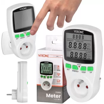 VIRONE EM-4 Vienfāzes elektroenerģijas skaitītājs ar LCD displeju, 16A, 3680W, Schuko kontaktdakša