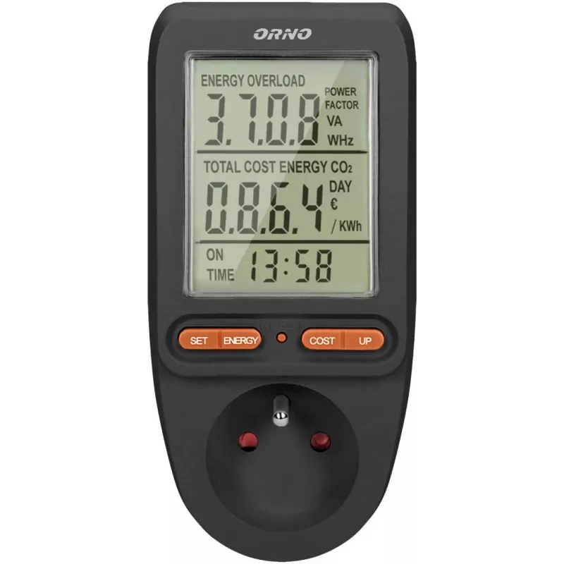 ORNO OR-WAT-435/B Enerģijas skaitītājs un enerģijas patēriņa kalkulators, 230V, 16A, LCD displejs, Melns