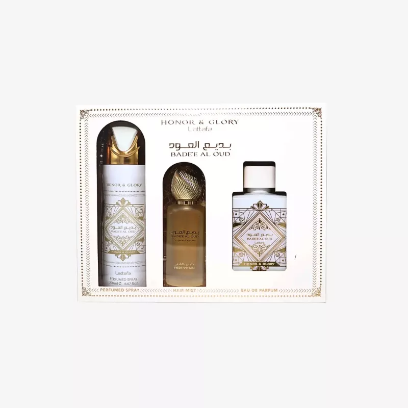 Lattafa Honor & Glory Badee Al Oud Eau de Parfum dāvanu komplekts - 100ml EDP + 200ml smaržīgs ķermeņa aerosols + 300ml gaisa atsvaidzinātājs