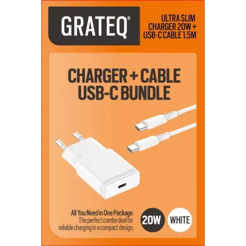 GRATEQ TAHKO 20W USB-C PD sienas lādētāja komplekts ar 1,5 m USB-C uz Lightning kabeli, balts