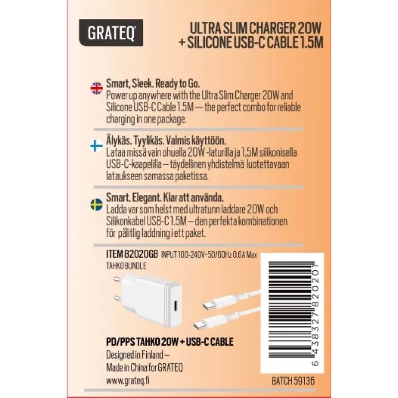 GRATEQ TAHKO 20W USB-C PD sienas lādētāja komplekts ar 1,5 m USB-C uz Lightning kabeli, balts