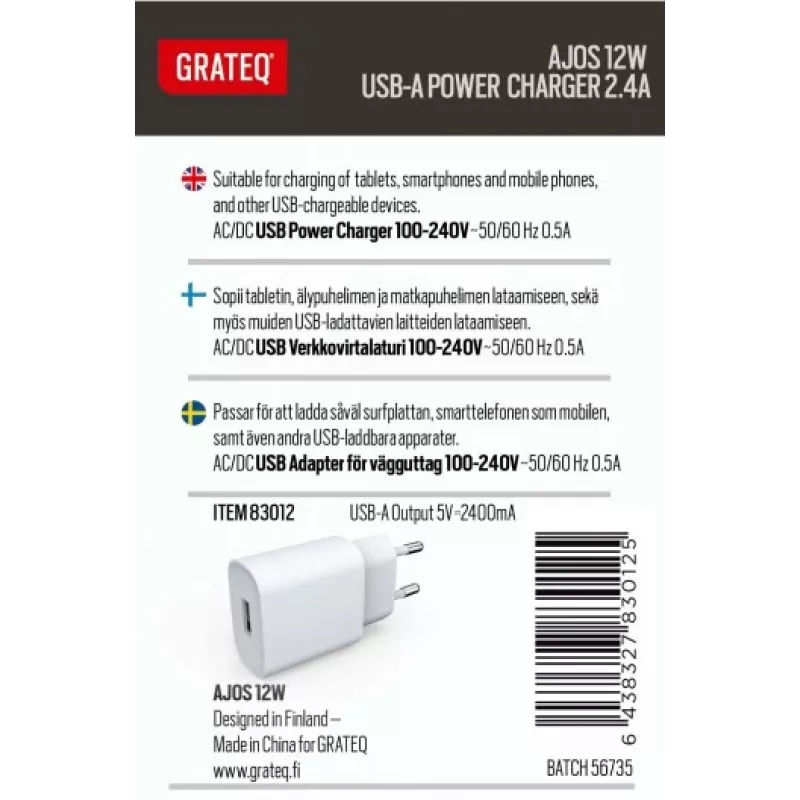 GRATEQ AJOS Lādētājs USB-A 12W Balts