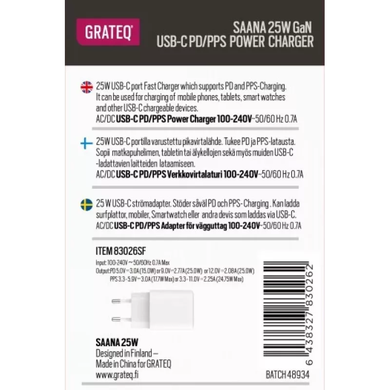 GRATEQ SAANA GaN USB-C 25W PD/PPS sienas lādētājs balts