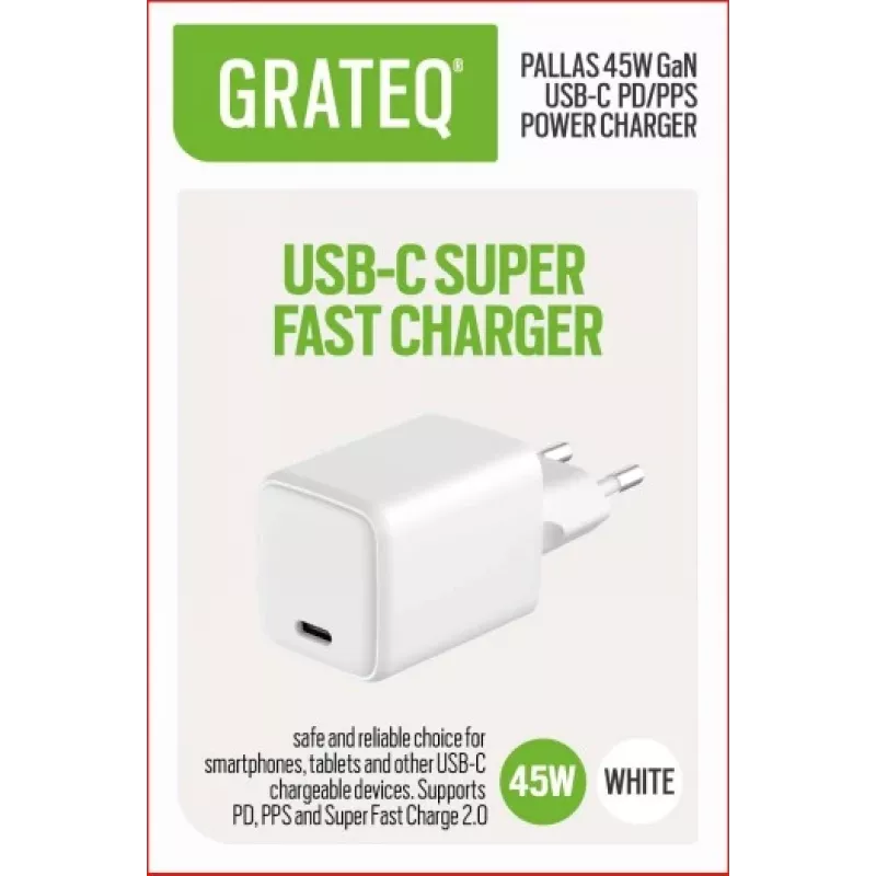 GRATEQ PALLAS GaN USB-C 45W barošanas bloks balts