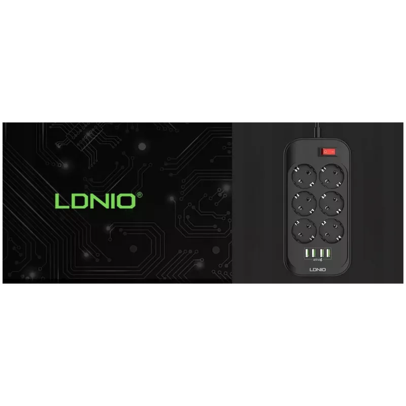 LDNIO SE6403 Strāvas sadalītājs 6 kontaktligzdas + 4 USB uzlādes porti, 2m kabelis, 2500W, balts