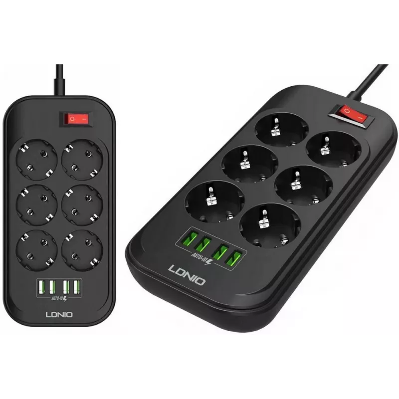 LDNIO SE6403 Strāvas sadalītājs 6 kontaktligzdas + 4 USB uzlādes porti, 2m kabelis, 2500W, balts