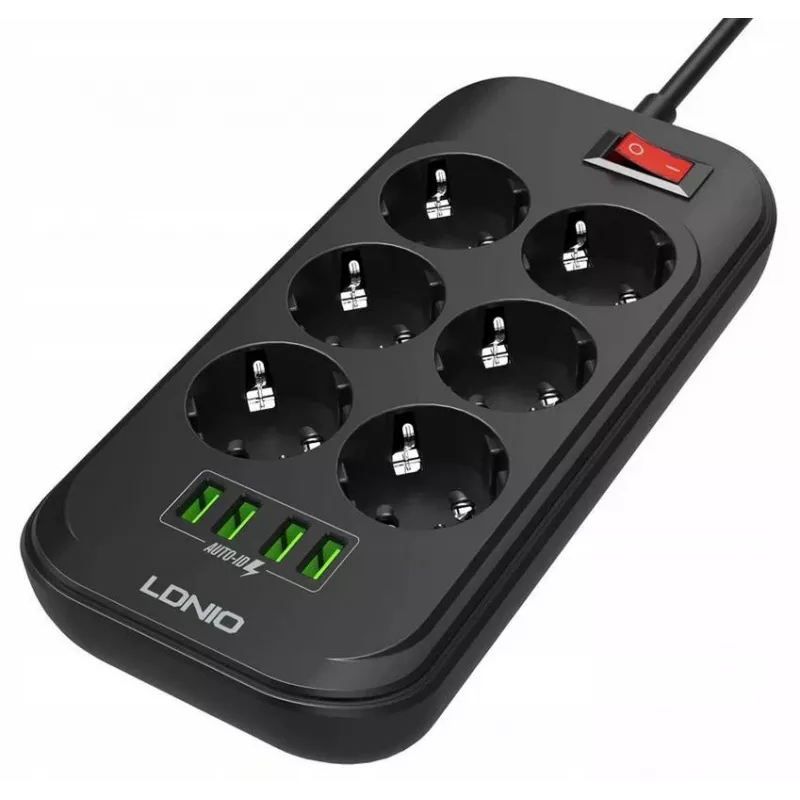 LDNIO SE6403 Strāvas sadalītājs 6 kontaktligzdas + 4 USB uzlādes porti, 2m kabelis, 2500W, balts