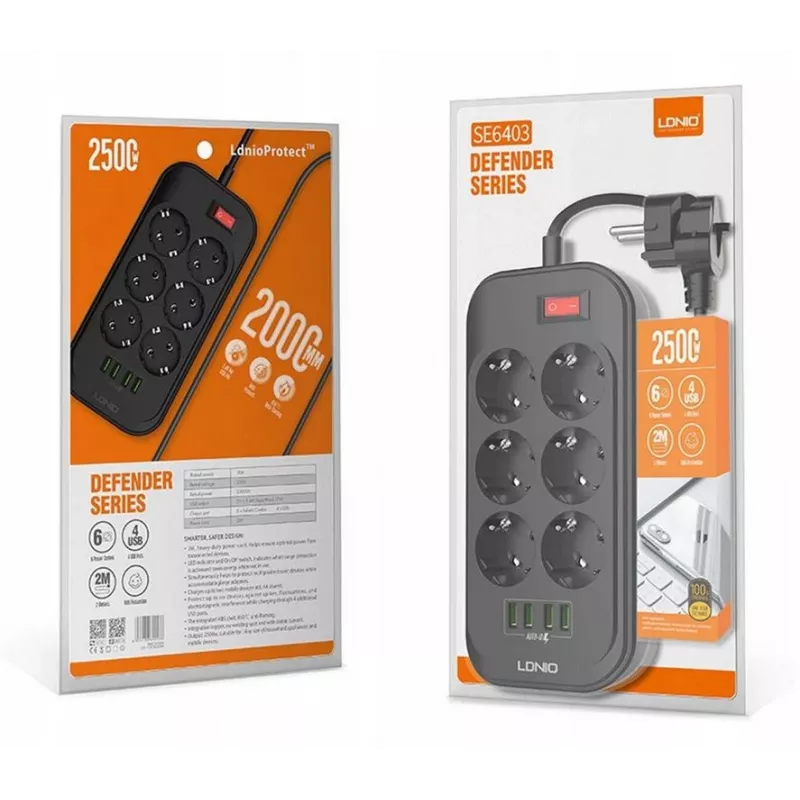 LDNIO SE6403 Strāvas sadalītājs 6 kontaktligzdas + 4 USB uzlādes porti, 2m kabelis, 2500W, balts