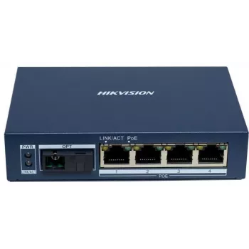 Hikvision DS-3D504TP-A Nepārvaldāms industriālais PoE slēdzis, 4 PoE+ porti, 1 SFP augšupielāde, 60W budžets