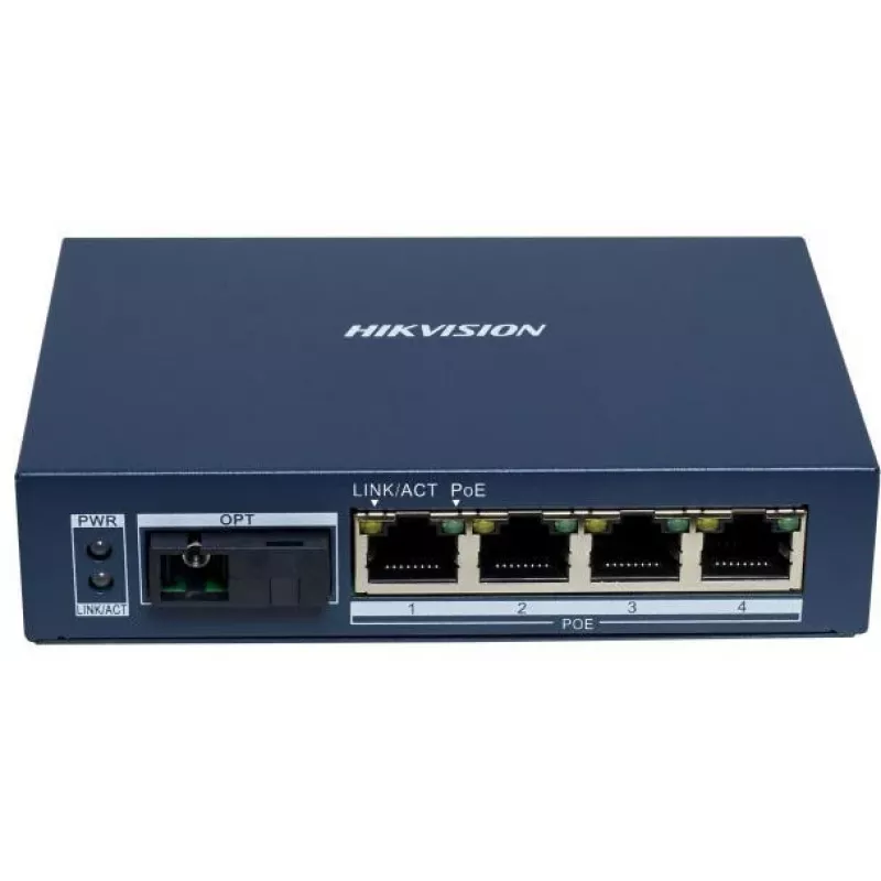 Hikvision DS-3D504TP-A Nepārvaldāms industriālais PoE slēdzis, 4 PoE+ porti, 1 SFP augšupielāde, 60W budžets