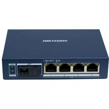 Hikvision DS-3D504TP-A Nepārvaldāms industriālais PoE slēdzis, 4 PoE+ porti, 1 SFP augšupielāde, 60W budžets