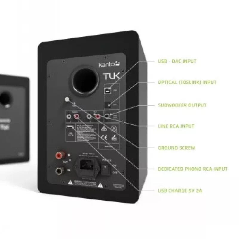 KANTO AUDIO TUKMB-FG Premium Powered Speaker ar austiņu izeju, USB DAC, iebūvētu fono priekšpastiprinātāju, Bluetooth, matēti melns (iekļauti F un G tipa strāvas kabeļi)