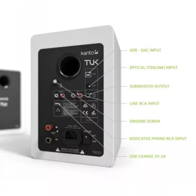 KANTO AUDIO TUKMW-FG Premium Powered Speaker ar austiņu izeju, USB DAC, iebūvētu fono priekšpastiprinātāju, Bluetooth, matēti balts (iekļauti F un G tipa strāvas kabeļi)