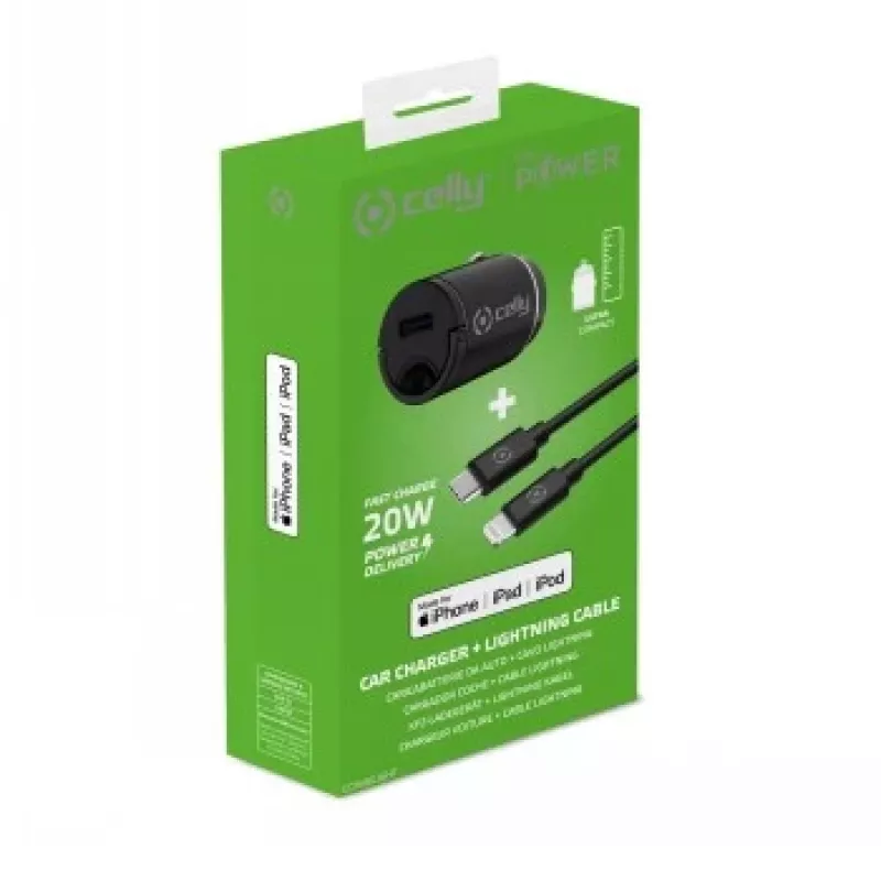 CELLY CCMINILIGHT – Auto lādētājs USB-C + USB-C uz Lightning kabelis 20W [PRO POWER]