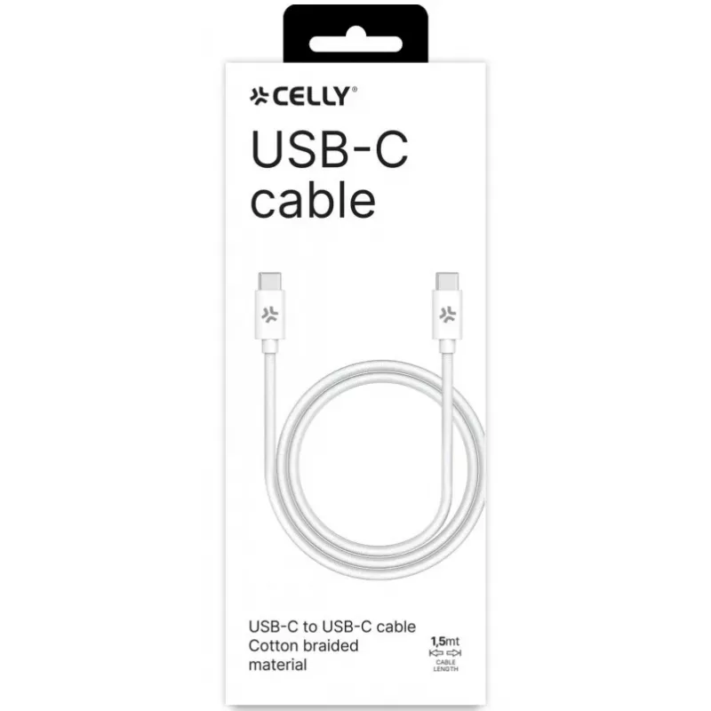 CELLY USBCUSBCCOTT - USB-C uz USB-C kokvilnas pīts kabelis balts (Power Delivery)