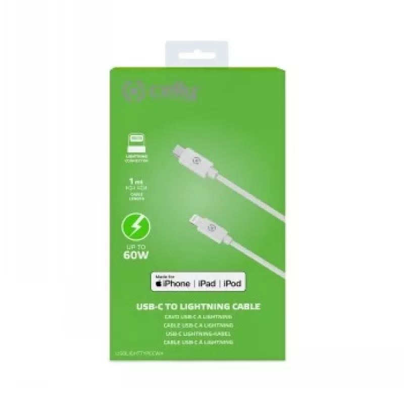 CELLY Lightning to USB-C kabelis 60W - 1,2m Balts MFi sertificēts