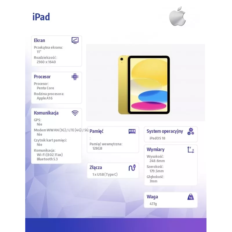 Apple iPad 10.9 11. paaudze (2025) 128GB WiFi - Dzeltens