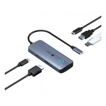 IcyBox IB-DK4081-SO Spade Dock 4081 5-in-1 ceļojumu dokošanas stacija ar Off-Screen uzlādi, USB-C, HDMI 4K, Gigabit Ethernet, 2x USB-A, 100W PD, alumīnijs