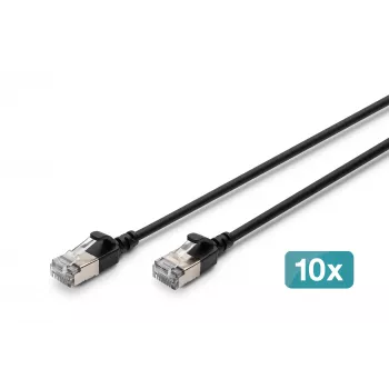 DIGITUS CAT 6A F-FTP plānais savienojuma kabelis, 0,5 m, melns, 10 iepakojumā, LSZH, 10Gbps, RJ45