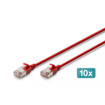 DIGITUS CAT 6A F/FTP plānais savienojuma kabelis, 0,5 m, sarkans, 10 iepakojumā, LSZH, 10 Gbps