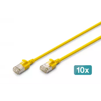DIGITUS CAT 6A F-FTP plānais savienojuma kabelis, 0,5 m, dzeltens, 10 gab., LSZH, 10Gbps, 500MHz, 28AWG varš, apzeltīti RJ45