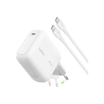 Belkin BOOSTCHARGE 100W USB-C GaN sienas lādētājs ar 1,5 m USB-C uz USB-C kabeli - balts
