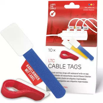 LABEL THE CABLE LTC 2630-10 Atkārtoti lietojamas lipīgās lentes kabeļu saites ar etiķetēm, jaukti izmēri un krāsas, 10 gab.