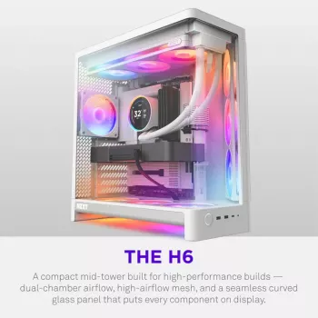 NZXT H6 RGB+ 2026 vidēja torņa gaisa plūsmas spēļu korpuss balts rūdīts stikls