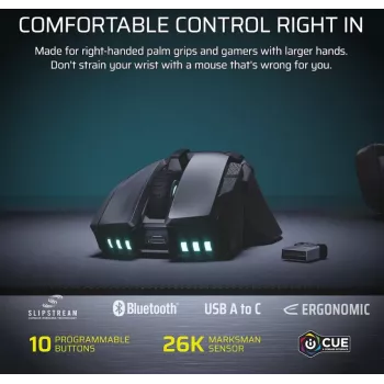 CORSAIR Ironclaw Wireless SE Gaming pele - 26 000 DPI, optiskā, SLIPSTREAM Wireless, Bluetooth, USB, RGB, melna