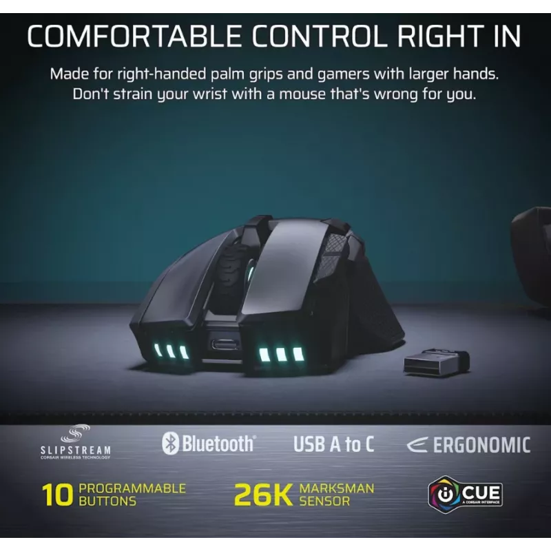 CORSAIR Ironclaw Wireless SE Gaming pele - 26 000 DPI, optiskā, SLIPSTREAM Wireless, Bluetooth, USB, RGB, melna