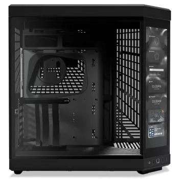 HYTE Y70 Touch Black Mid Tower korpuss ar panorāmas rūdītu stiklu un 14,1 collu skārienekrānu, ATX/E-ATX, vertikāla GPU montāža