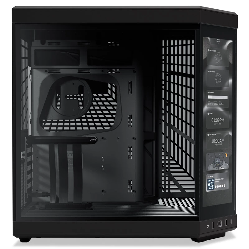 HYTE Y70 Touch Black Mid Tower korpuss ar panorāmas rūdītu stiklu un 14,1 collu skārienekrānu, ATX/E-ATX, vertikāla GPU montāža