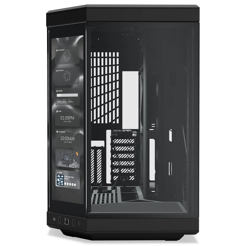 HYTE Y70 Touch Black Mid Tower korpuss ar panorāmas rūdītu stiklu un 14,1 collu skārienekrānu, ATX/E-ATX, vertikāla GPU montāža