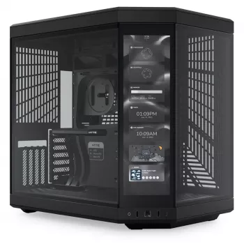 HYTE Y70 Touch Black Mid Tower korpuss ar panorāmas rūdītu stiklu un 14,1 collu skārienekrānu, ATX/E-ATX, vertikāla GPU montāža