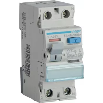 HAGER CDA263J RCCB Noplūdes strāvas aizsardzības slēdzis 1P+N 63A 30mA A tips 6kA 230V 2 moduļi DIN sliedei