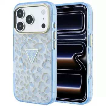 GUESS IML Leopard Glitter Triangle Logo Macīgais vāciņš iPhone 18 Pro Max / 17 Pro Max - Zils