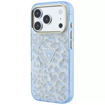 GUESS IML Leopard Glitter Triangle Logo Macīgais vāciņš iPhone 18 Pro Max / 17 Pro Max - Zils