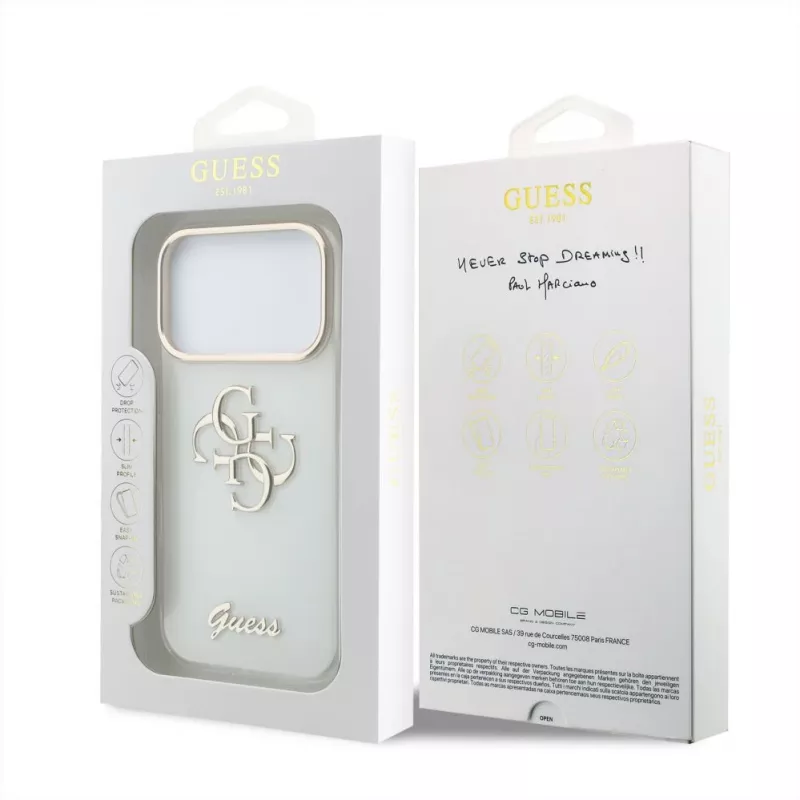 GUESS 4G Script Metal aizsargmaciņš iPhone 18 Pro Max / 17 Pro Max - balts