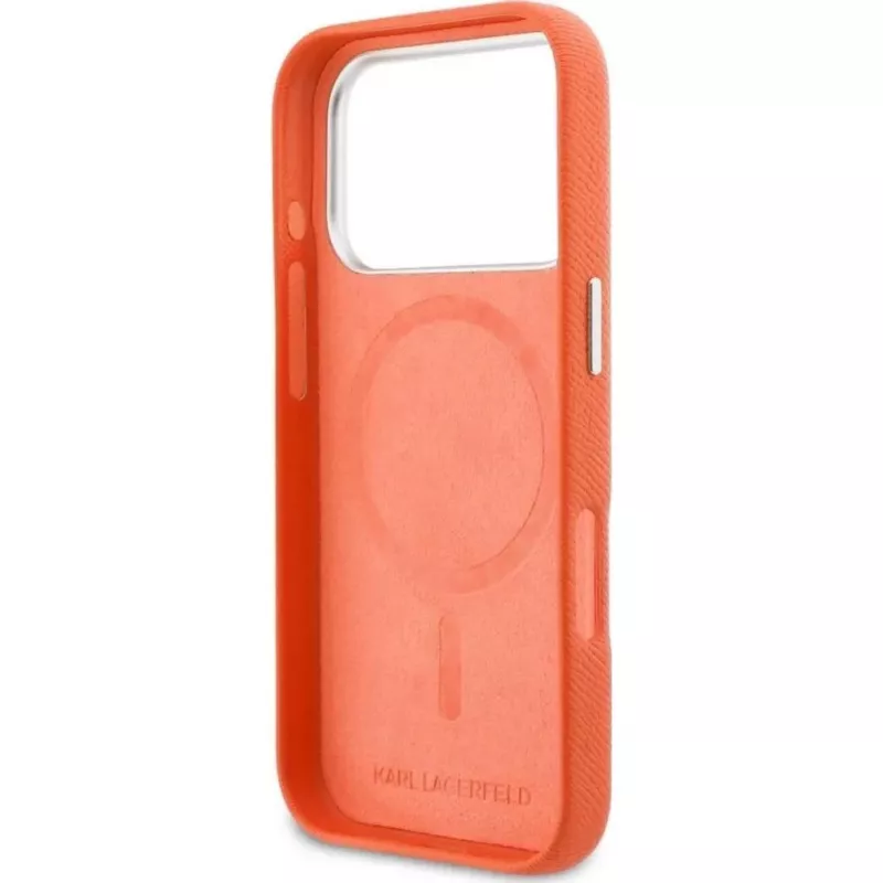 Karl Lagerfeld Karl & Choupette Head Pins Saffiano MacSafe maciņš iPhone 17 Pro Max – oranžs