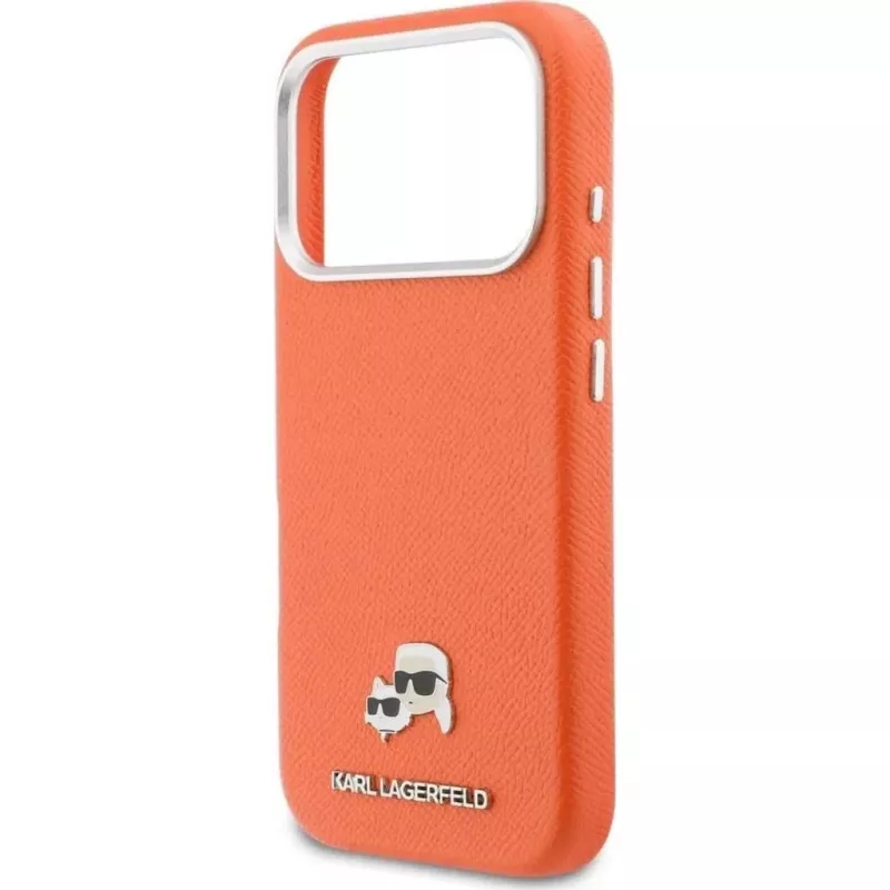 Karl Lagerfeld Karl & Choupette Head Pins Saffiano MacSafe maciņš iPhone 17 Pro Max – oranžs